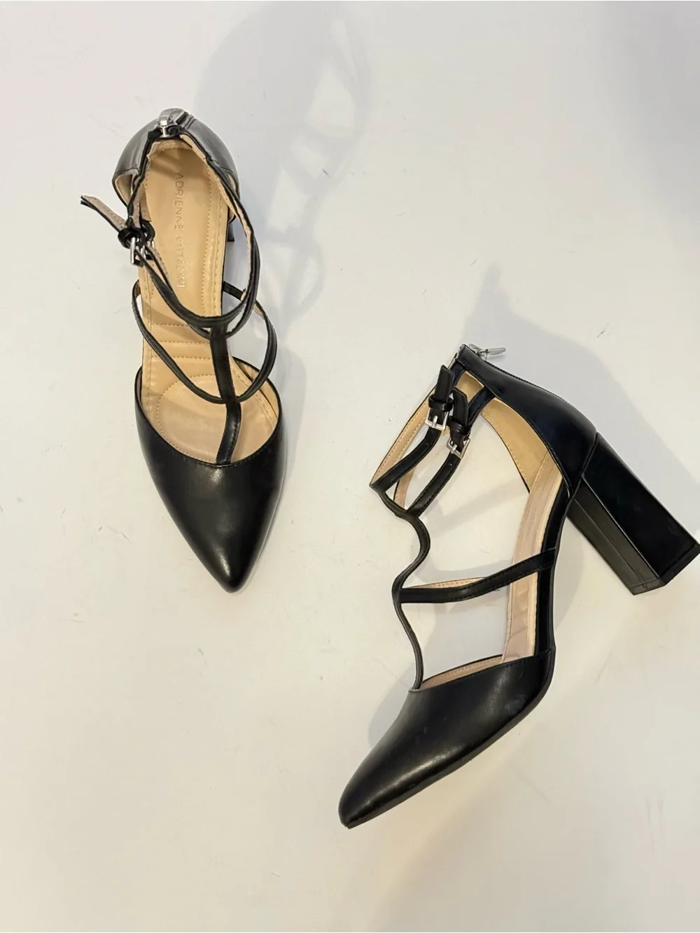 Adrienne Vittadini Black Strappy Pointed-Toe Block Heel Pumps size 8.5